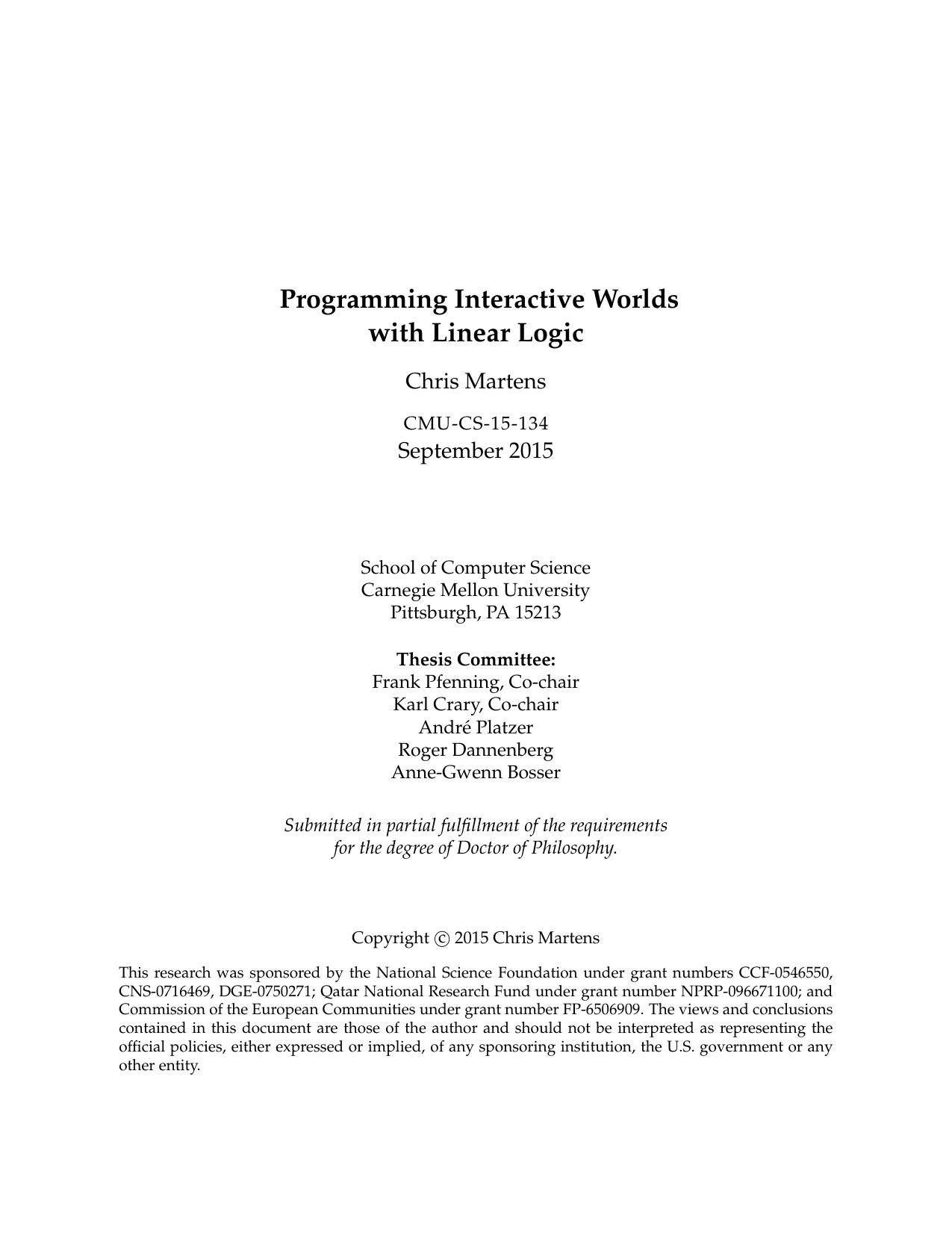 Programming Interactive Worlds with Linear Logic