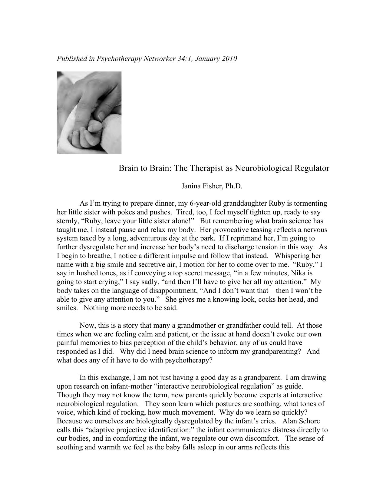 Brain to Brain: The Therapist as Neurobiological Regulator