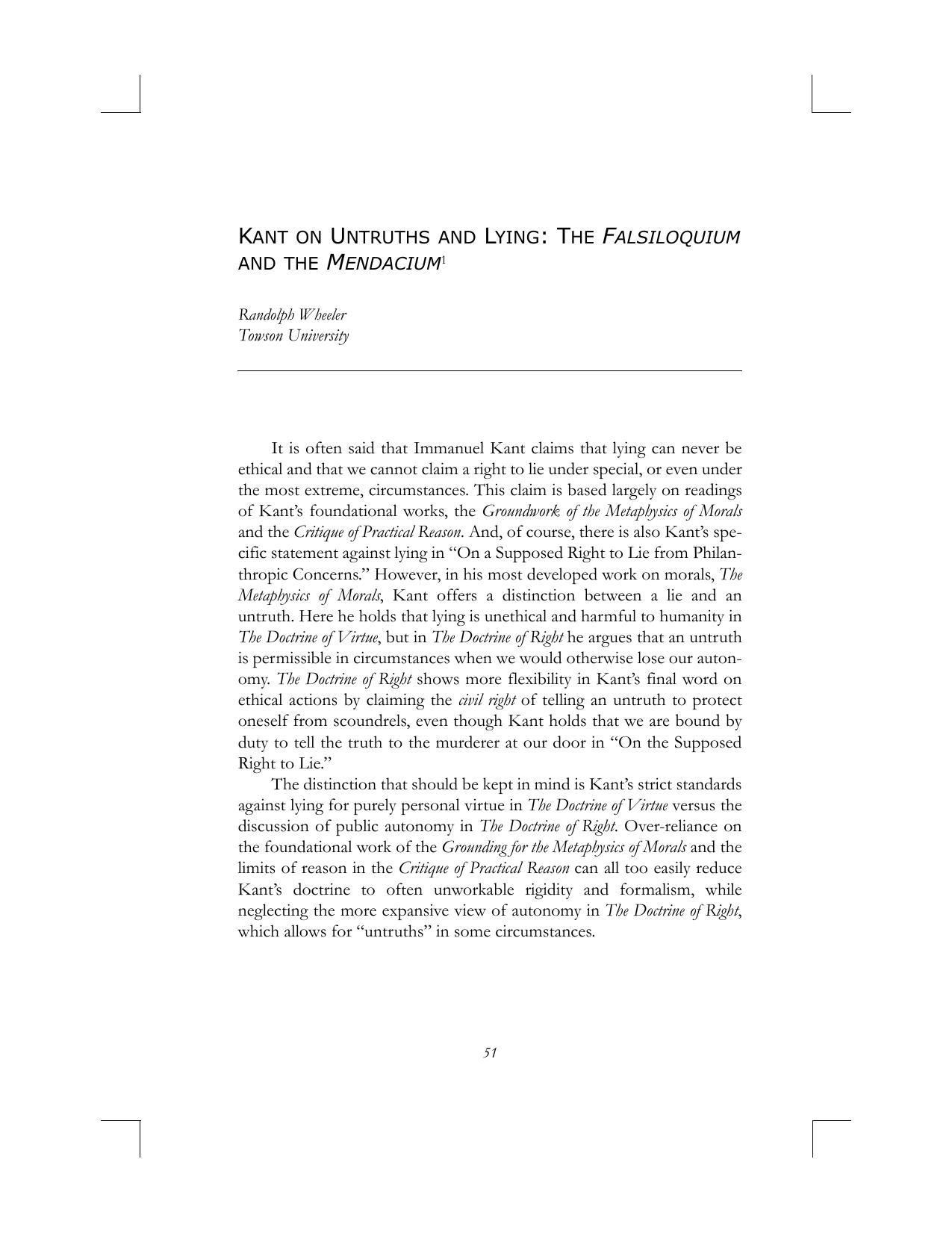 Kant on Untruth and Lying: The Falsiloquium and the Mendacium
