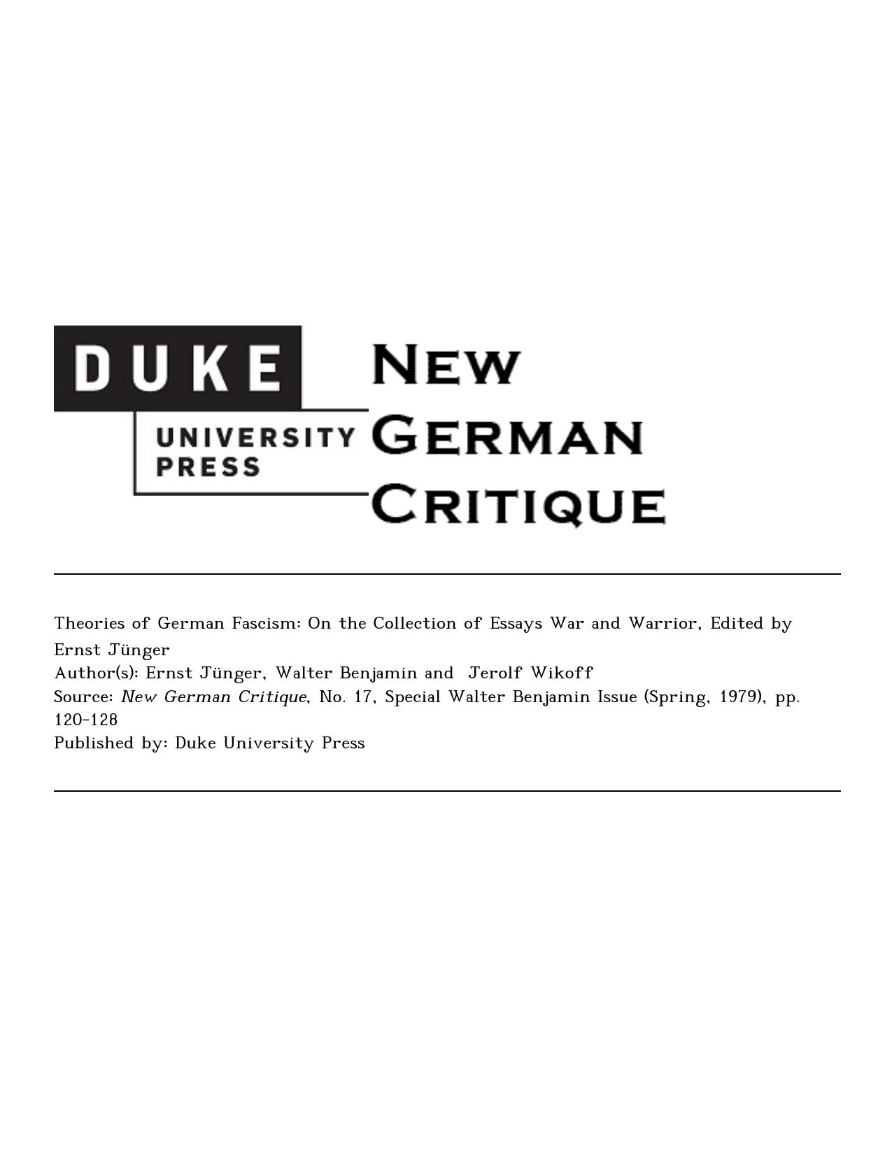 Theories of German Fascism: On the Collection of Essays War and Warrior, Edited by Ernst Jünger